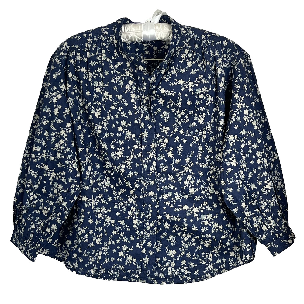 Gap Blouse Women's Size S Floral Button Up V-Neck Balloon Navy White Dainty